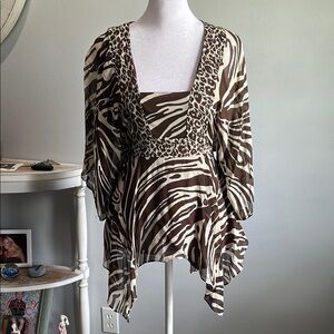 [Michael Kors] Brown and White Animal Print Silk Blouse - Size Medium